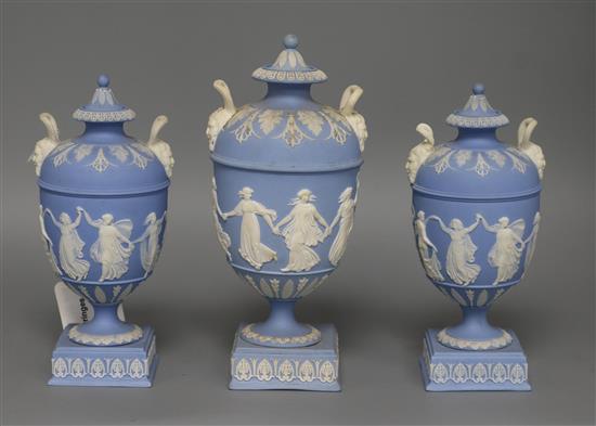 A 19th century Wedgwood blue jasper garniture of three lidded vases tallest 19cm